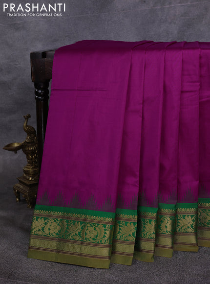 10 Yards pure kanchipuram silk saree magenta pink and green with plain body and temple design zari woven border