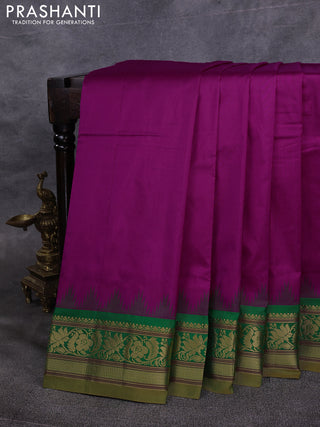 10 Yards pure kanchipuram silk saree magenta pink and green with plain body and temple design zari woven border