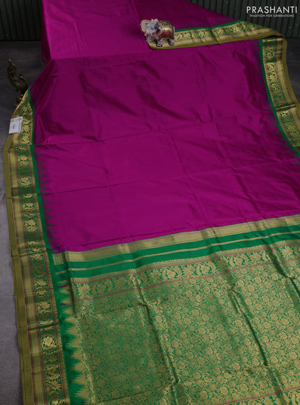 10 Yards pure kanchipuram silk saree magenta pink and green with plain body and temple design zari woven border