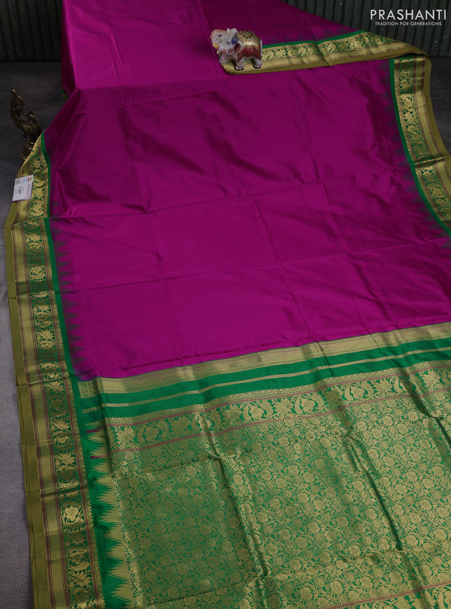 10 Yards pure kanchipuram silk saree magenta pink and green with plain body and temple design zari woven border