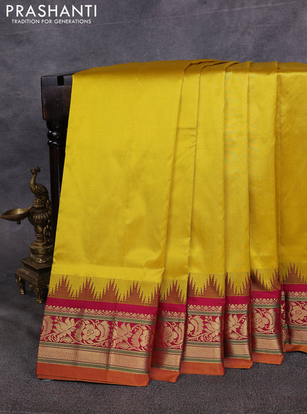 10 Yards pure kanchipuram silk saree mustard yellow and maroon with plain body and temple design zari woven border