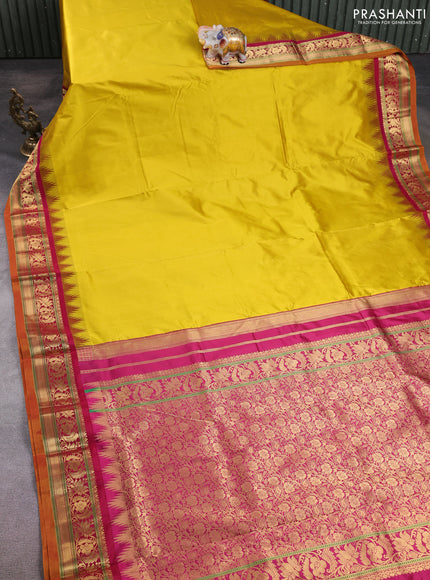 10 Yards pure kanchipuram silk saree mustard yellow and maroon with plain body and temple design zari woven border
