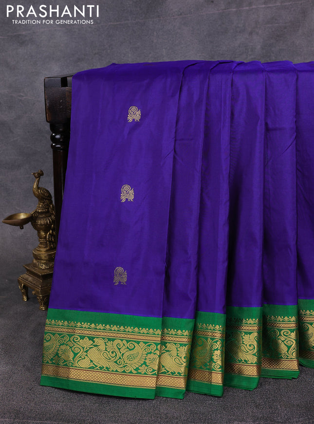 10 Yards pure kanchipuram silk saree blue and green with zari woven annam buttas and rich zari woven border
