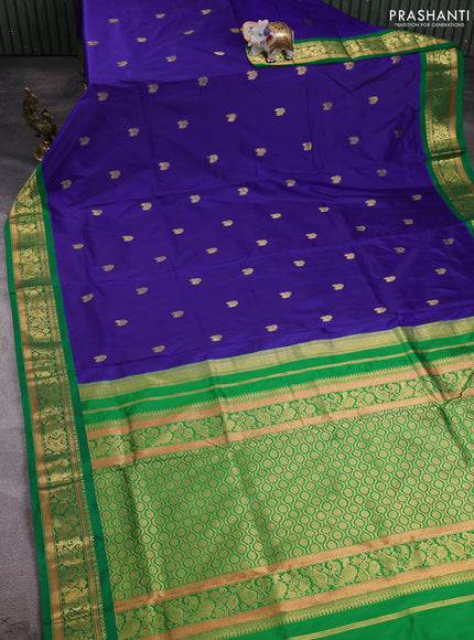 10 Yards pure kanchipuram silk saree blue and green with zari woven annam buttas and rich zari woven border