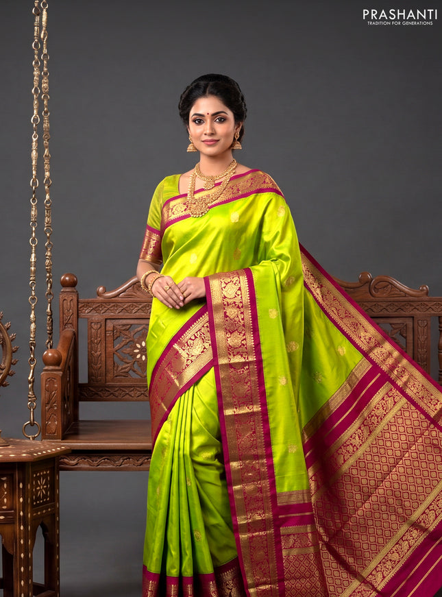 10 Yards pure kanchipuram silk saree light green and maroon with zari woven annam buttas and rich zari woven border