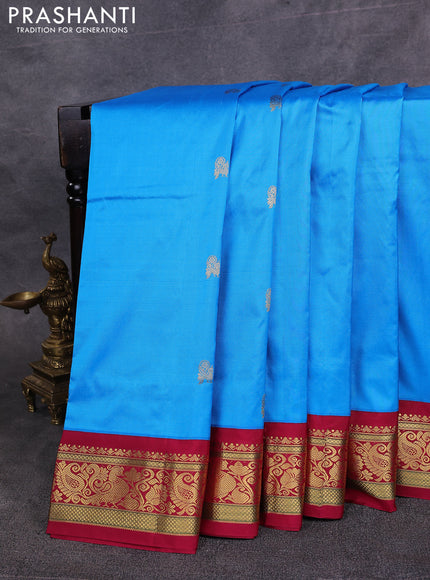 10 Yards pure kanchipuram silk saree cs blue and maroon with zari woven annam buttas and rich zari woven border