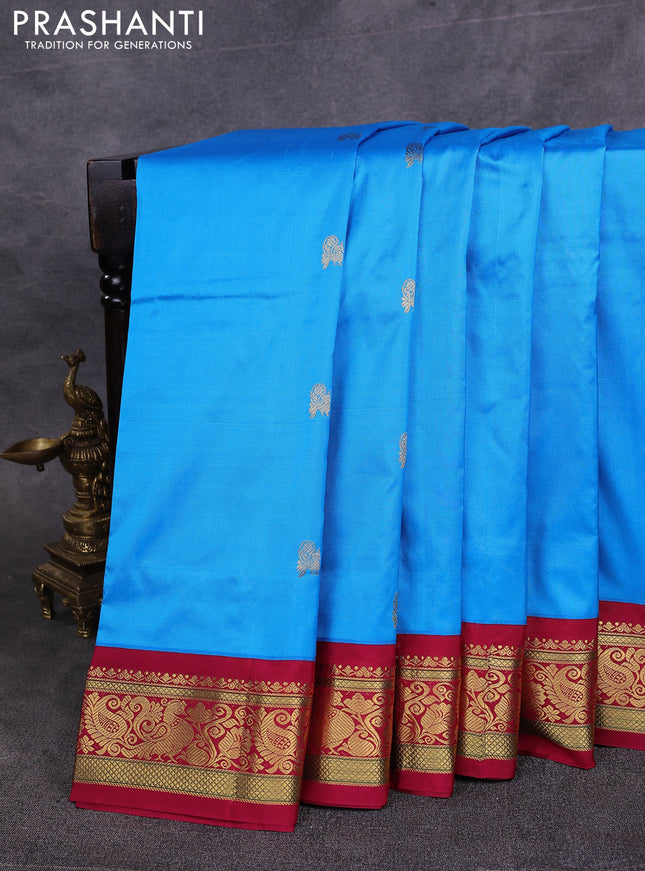 10 Yards pure kanchipuram silk saree cs blue and maroon with zari woven annam buttas and rich zari woven border