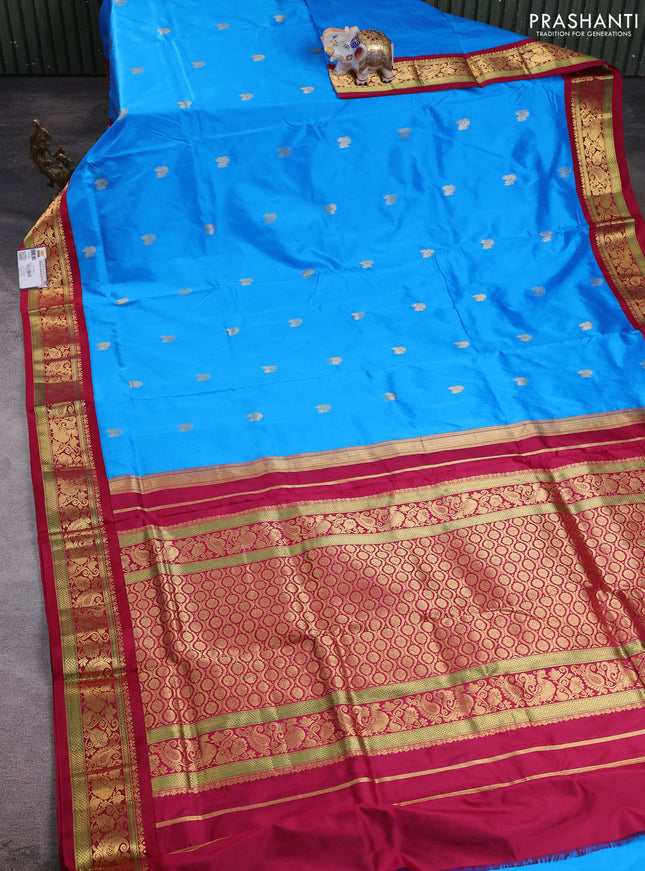 10 Yards pure kanchipuram silk saree cs blue and maroon with zari woven annam buttas and rich zari woven border