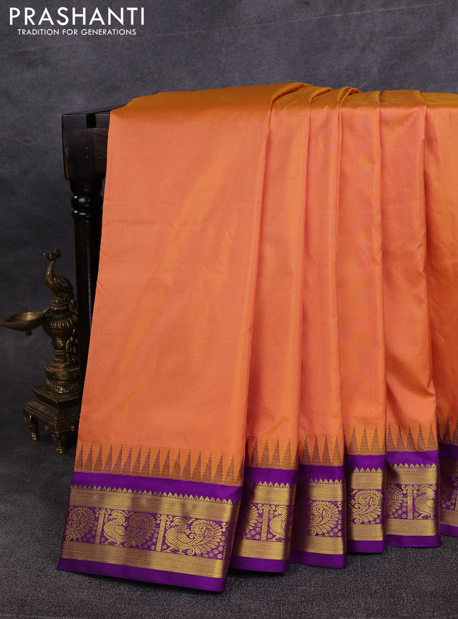 10 Yards pure kanchipuram silk saree orange and purple with plain body and temple design zari woven border