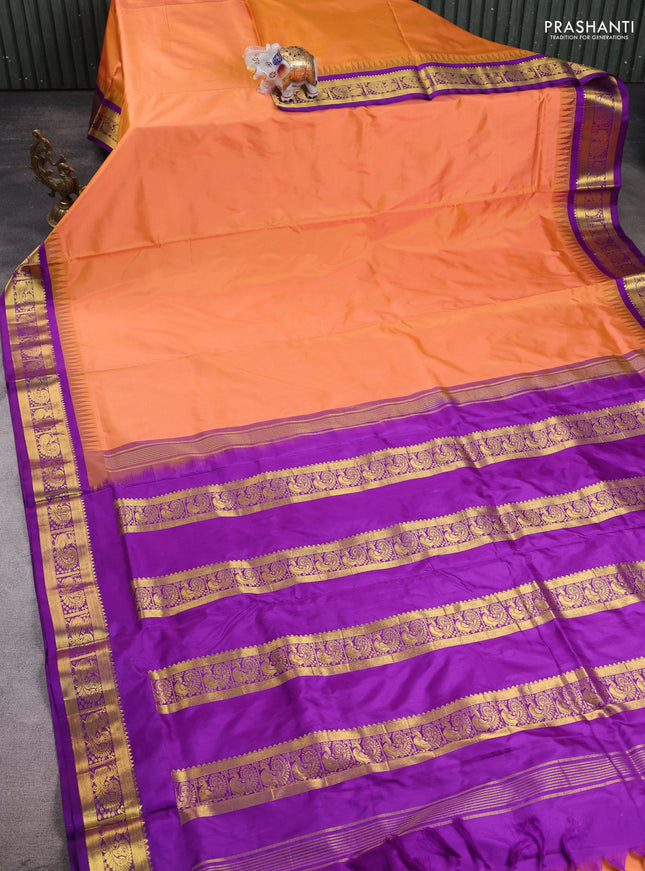 10 Yards pure kanchipuram silk saree orange and purple with plain body and temple design zari woven border