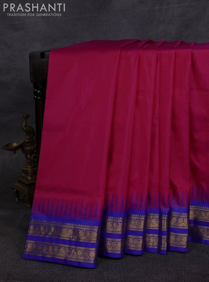 10 Yards pure kanchipuram silk saree pink and blue with plain body and temple design zari woven border