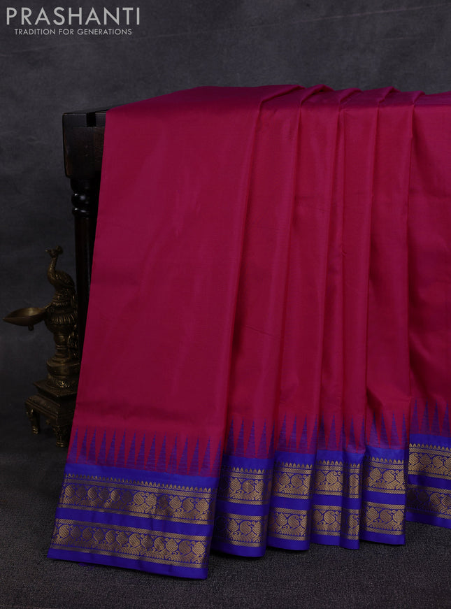 10 Yards pure kanchipuram silk saree pink and blue with plain body and temple design zari woven border