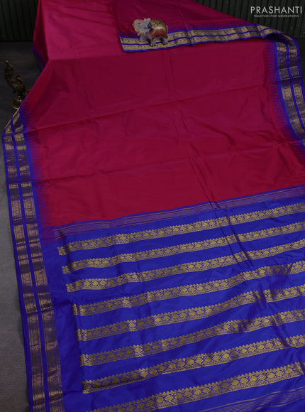 10 Yards pure kanchipuram silk saree pink and blue with plain body and temple design zari woven border