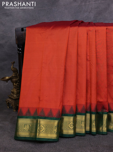 10 Yards pure kanchipuram silk saree rustic orange and green with plain body and temple design zari woven border