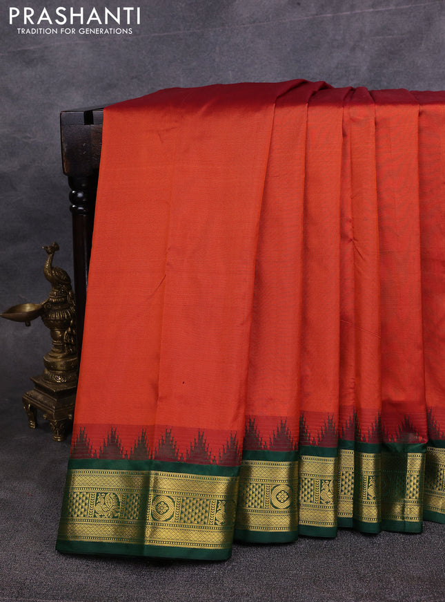 10 Yards pure kanchipuram silk saree rustic orange and green with plain body and temple design zari woven border