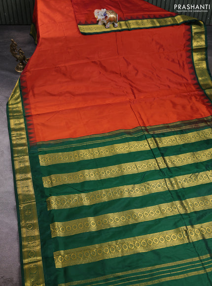 10 Yards pure kanchipuram silk saree rustic orange and green with plain body and temple design zari woven border