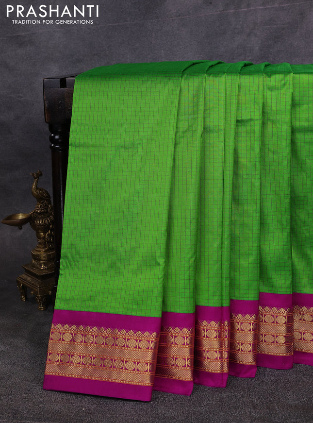 10 Yards pure kanchipuram silk saree parrot green and purple with allover checked pattern and zari woven korvai border