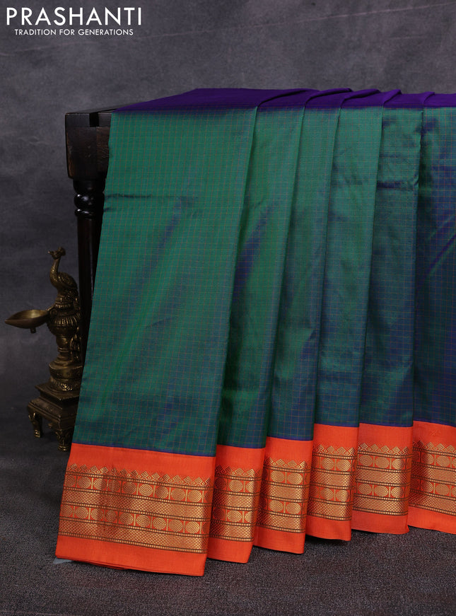 10 Yards pure kanchipuram silk saree dual shade of peacock green and orange with allover checked pattern and zari woven korvai border