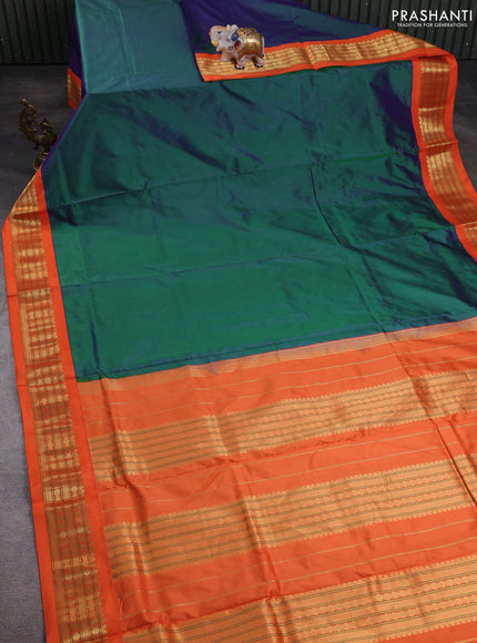 10 Yards pure kanchipuram silk saree dual shade of peacock green and orange with allover checked pattern and zari woven korvai border