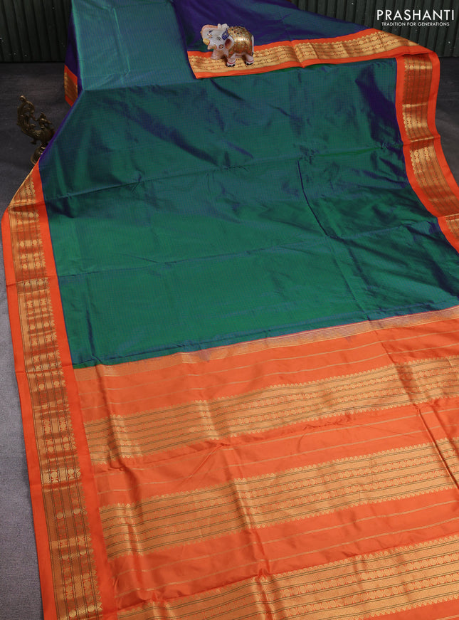 10 Yards pure kanchipuram silk saree dual shade of peacock green and orange with allover checked pattern and zari woven korvai border