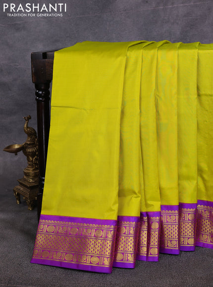 10 Yards pure kanchipuram silk saree lime green and purple with plain body and zari woven border