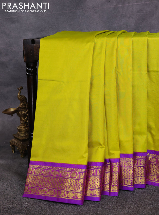 10 Yards pure kanchipuram silk saree lime green and purple with plain body and zari woven border