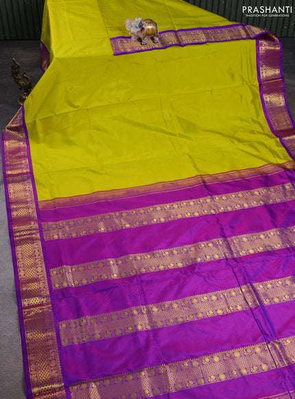 10 Yards pure kanchipuram silk saree lime green and purple with plain body and zari woven border