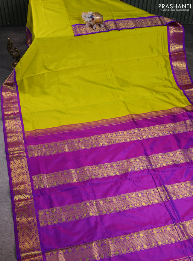 10 Yards pure kanchipuram silk saree lime green and purple with plain body and zari woven border