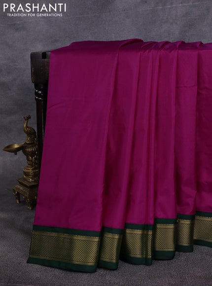 10 Yards pure kanchipuram silk saree magenta pink and green with plain body and zari woven border