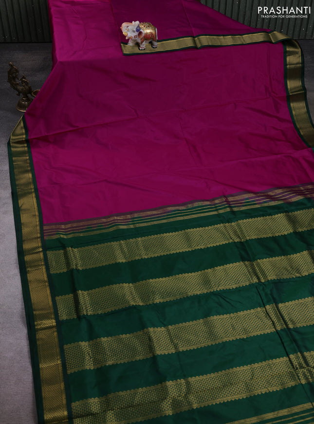 10 Yards pure kanchipuram silk saree magenta pink and green with plain body and zari woven border