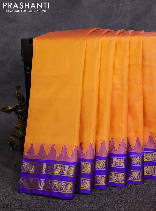 10 Yards pure kanchipuram silk saree dual shade of orange and violet with plain body and temple design zari woven border