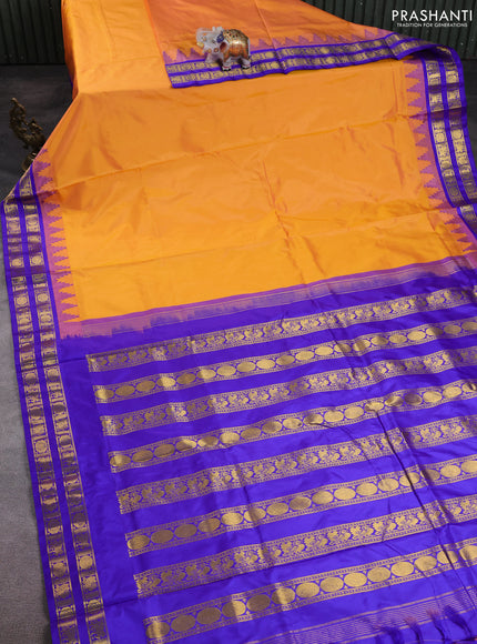 10 Yards pure kanchipuram silk saree dual shade of orange and violet with plain body and temple design zari woven border