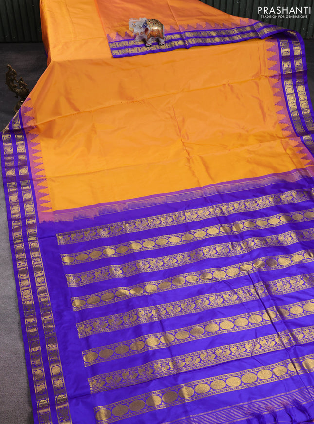 10 Yards pure kanchipuram silk saree dual shade of orange and violet with plain body and temple design zari woven border