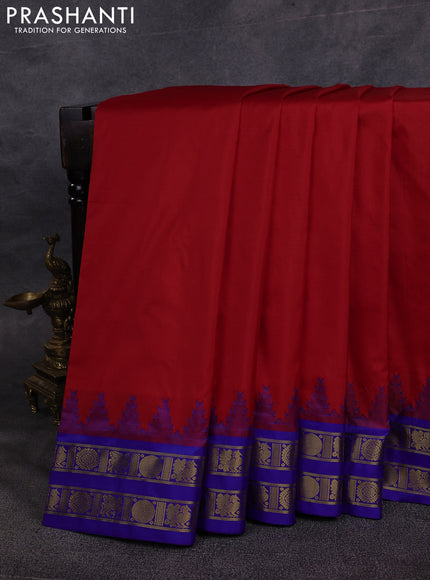 10 Yards pure kanchipuram silk saree red and blue with plain body and temple design rettapet zari woven border