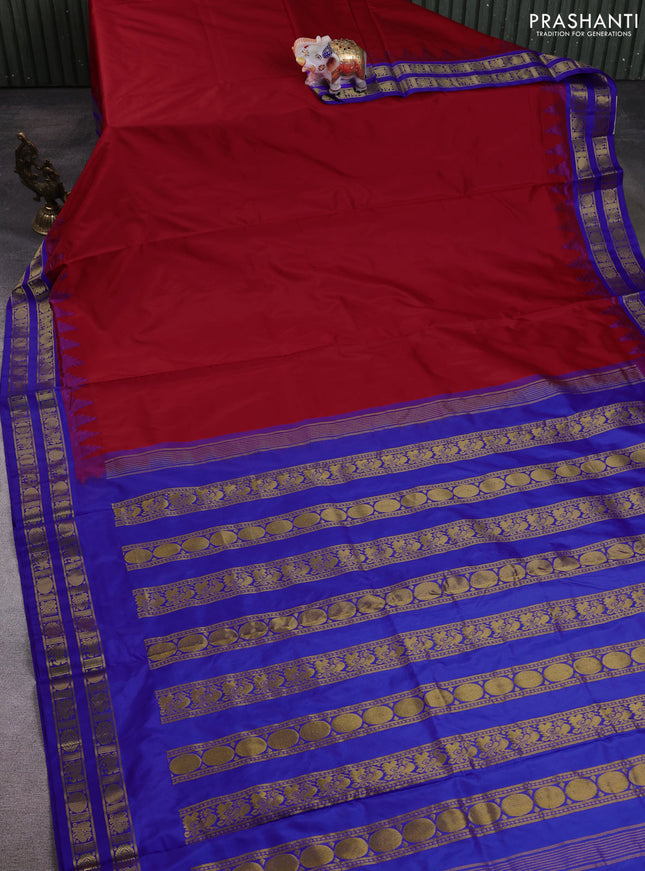 10 Yards pure kanchipuram silk saree red and blue with plain body and temple design rettapet zari woven border