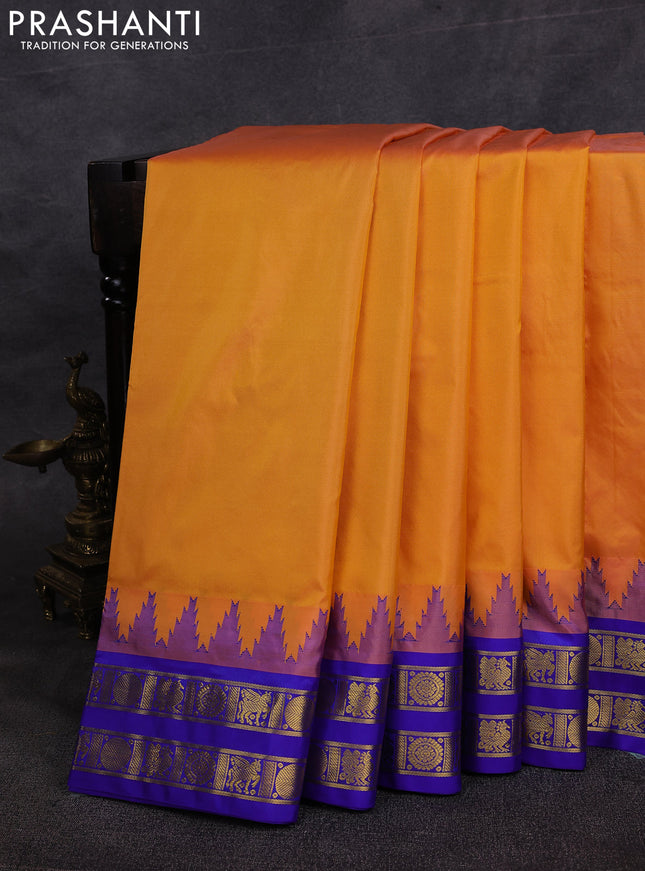 10 Yards pure kanchipuram silk saree dual shade of mango yellow and blue with plain body and temple design rettapet zari woven border