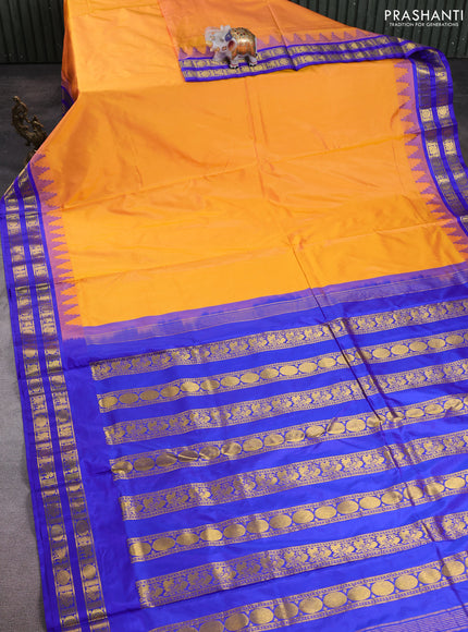 10 Yards pure kanchipuram silk saree dual shade of mango yellow and blue with plain body and temple design rettapet zari woven border
