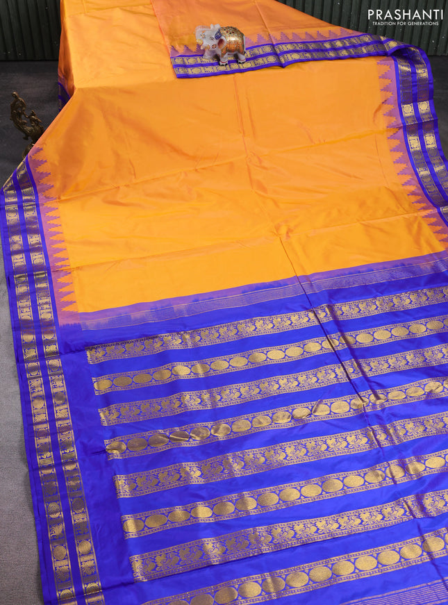 10 Yards pure kanchipuram silk saree dual shade of mango yellow and blue with plain body and temple design rettapet zari woven border