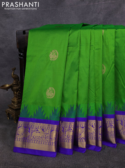 10 Yards pure kanchipuram silk saree parrot green and blue with annam zari woven buttas and temple design zari woven border