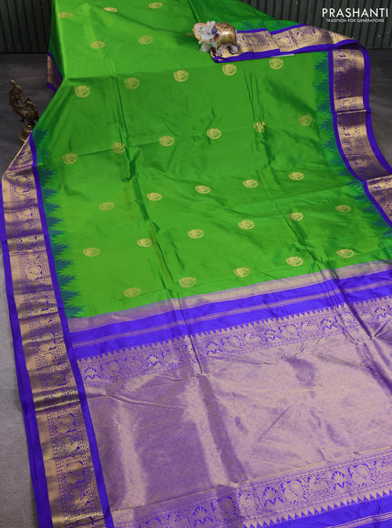 10 Yards pure kanchipuram silk saree parrot green and blue with annam zari woven buttas and temple design zari woven border