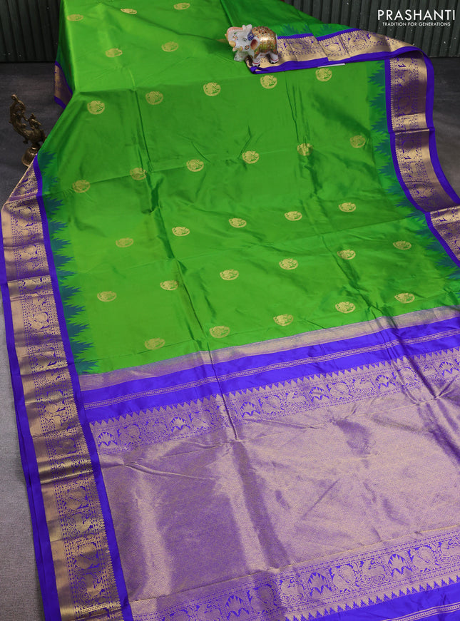10 Yards pure kanchipuram silk saree parrot green and blue with annam zari woven buttas and temple design zari woven border