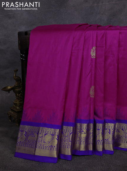 10 Yards pure kanchipuram silk saree magenta pink and blue with annam zari woven buttas and temple design zari woven border