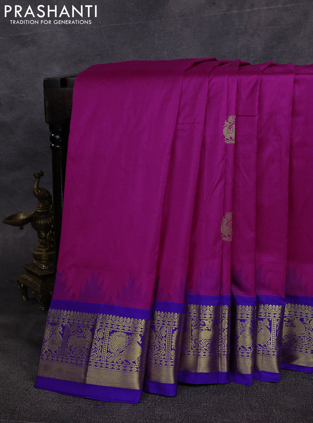 10 Yards pure kanchipuram silk saree magenta pink and blue with annam zari woven buttas and temple design zari woven border