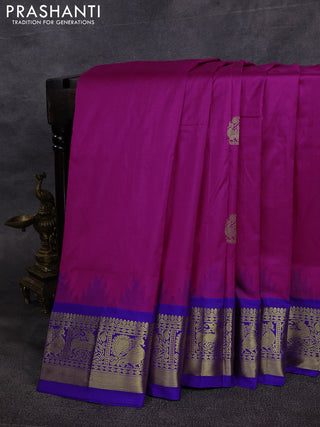 10 Yards pure kanchipuram silk saree magenta pink and blue with annam zari woven buttas and temple design zari woven border
