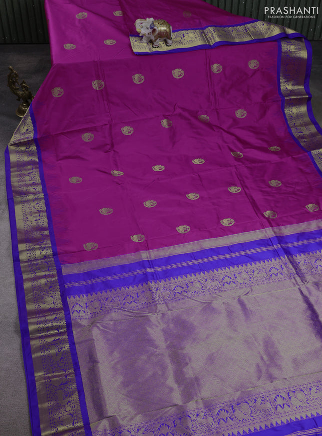 10 Yards pure kanchipuram silk saree magenta pink and blue with annam zari woven buttas and temple design zari woven border