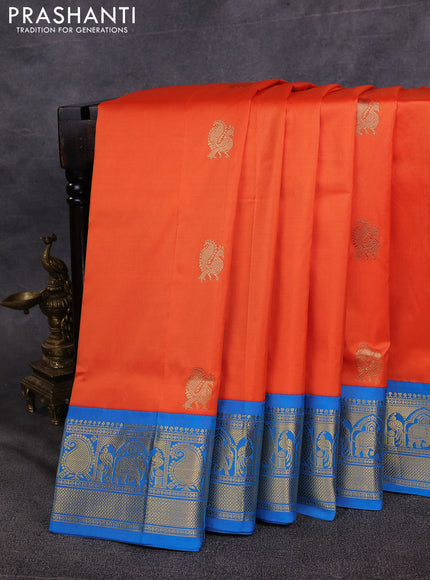 10 Yards pure kanchipuram silk saree orange and cs blue with annam & paisley zari woven buttas and rich zari woven border