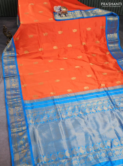 10 Yards pure kanchipuram silk saree orange and cs blue with annam & paisley zari woven buttas and rich zari woven border