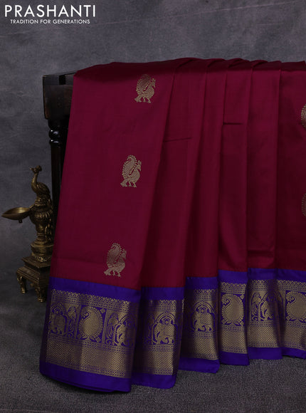 10 Yards pure kanchipuram silk saree maroon and blue with annam & paisley zari woven buttas and rich zari woven border