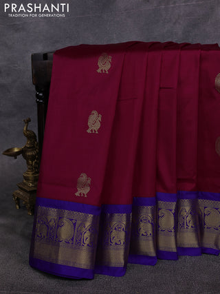10 Yards pure kanchipuram silk saree maroon and blue with annam & paisley zari woven buttas and rich zari woven border