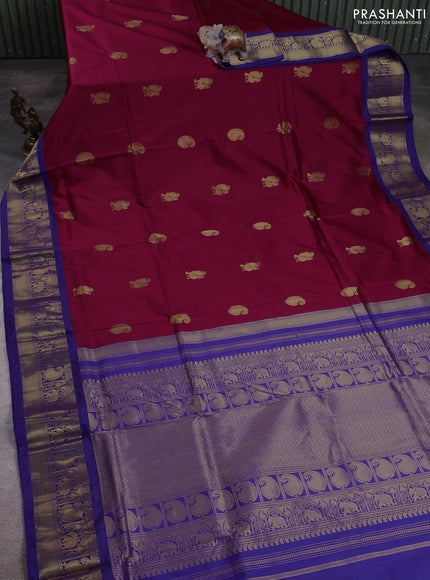10 Yards pure kanchipuram silk saree maroon and blue with annam & paisley zari woven buttas and rich zari woven border